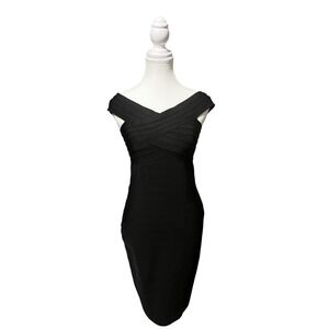 Heavy Bandage Bodycon Dress • Off-the-Shoulder Cross Front • Black • Size L‎